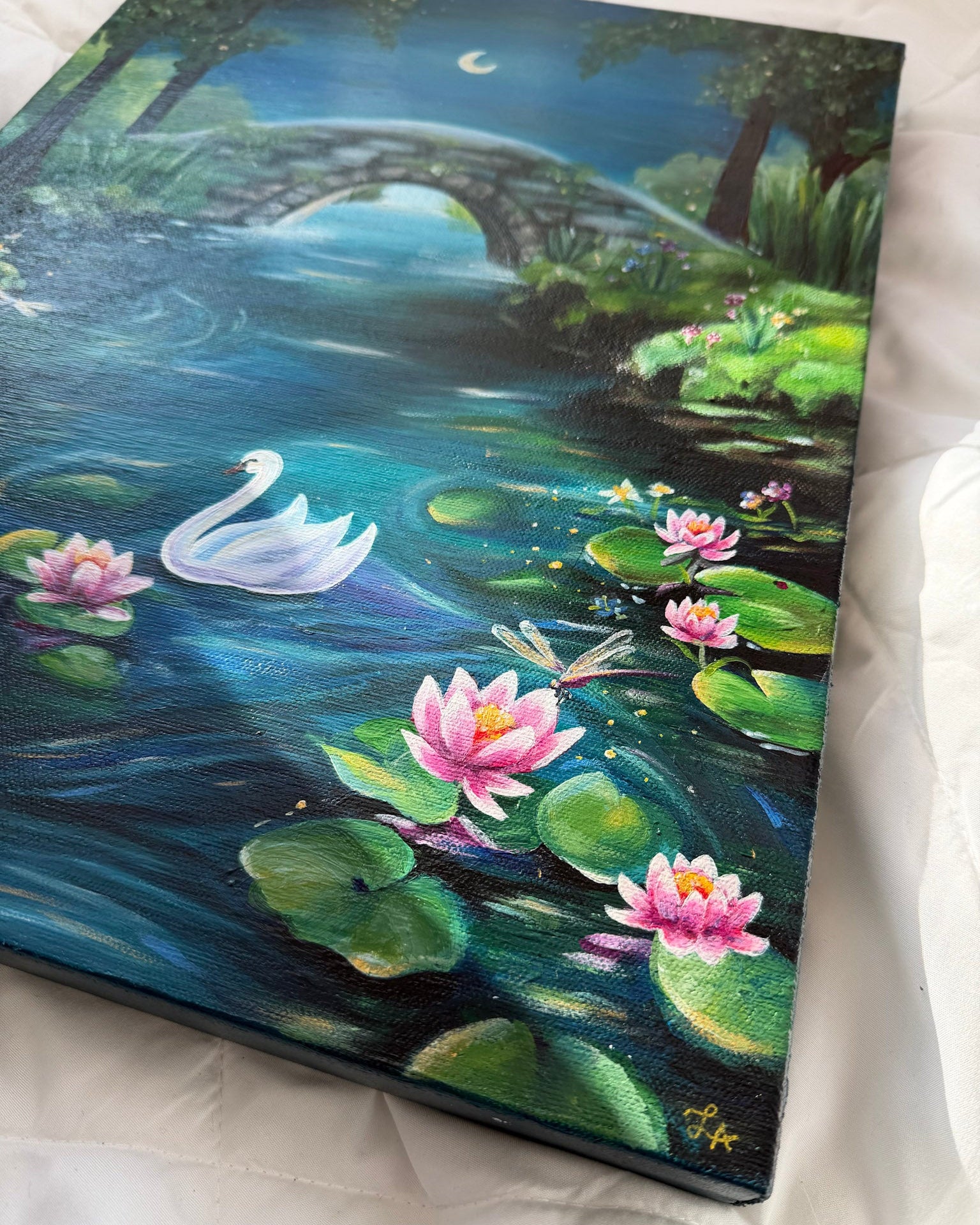 Moonlit Pond Acrylic Painting