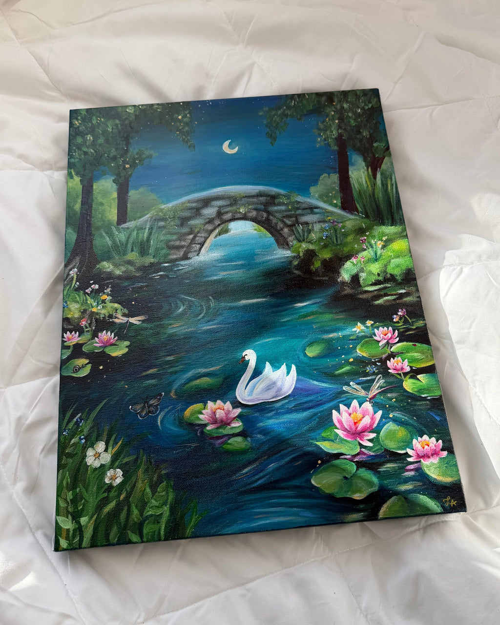 Moonlit Pond Acrylic Painting