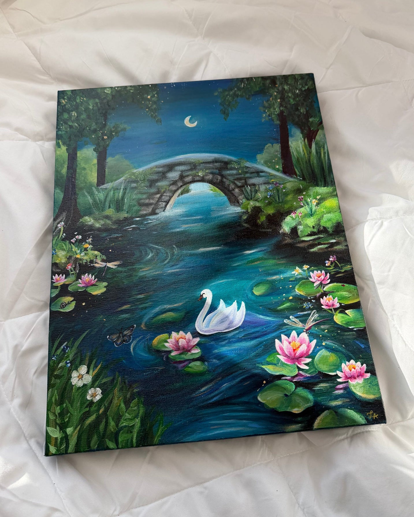 Moonlit Pond Acrylic Painting