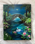 Painting of a serene landscape with a swan, bridge, and flowers on a white surface