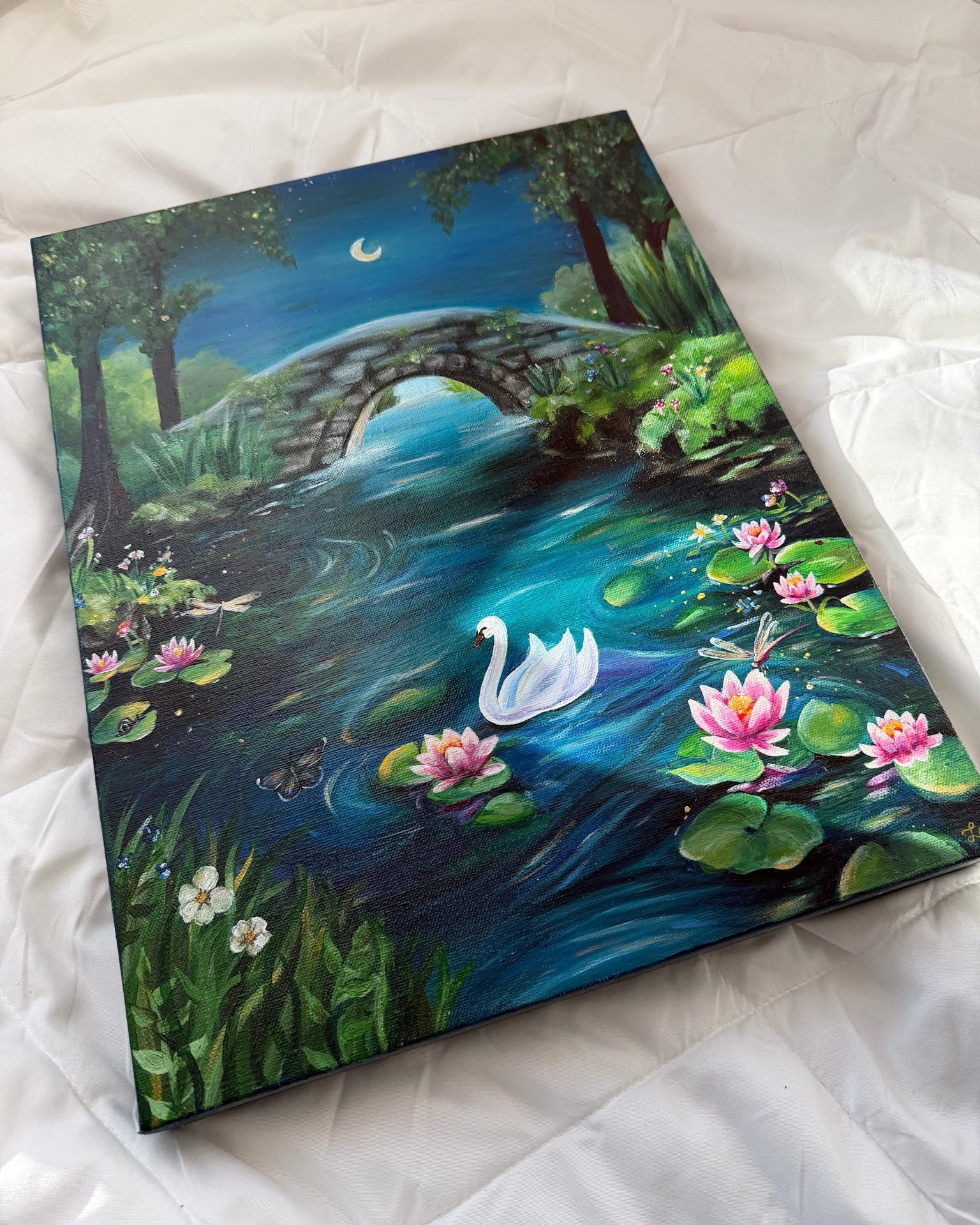 Moonlit Pond Acrylic Painting