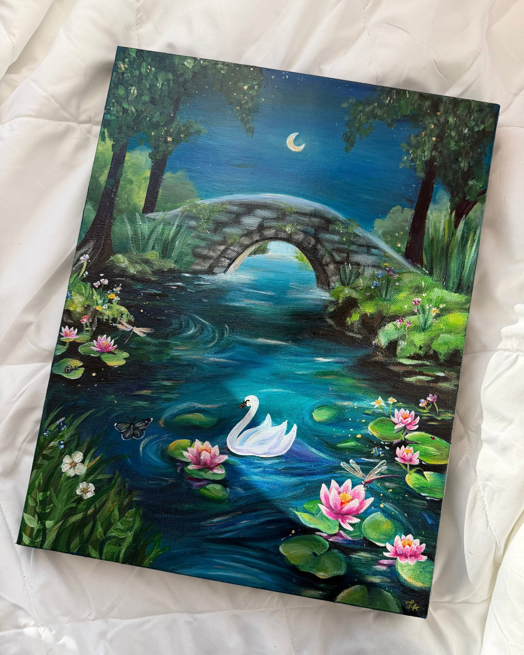 Moonlit Pond Acrylic Painting