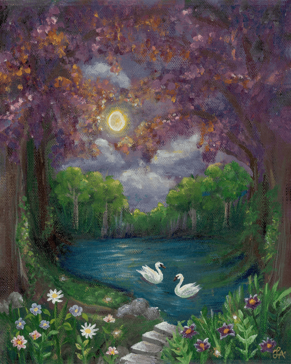 Painting of a serene landscape with a lake, trees, and swans under a full moon.