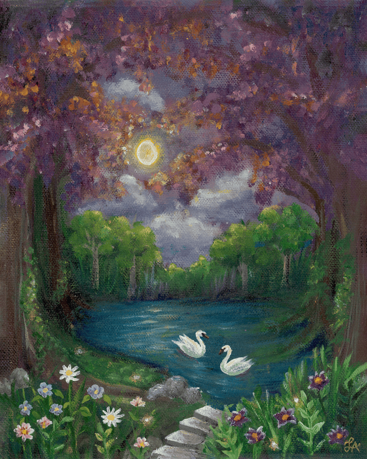 Painting of a serene landscape with a lake, trees, and swans under a full moon.