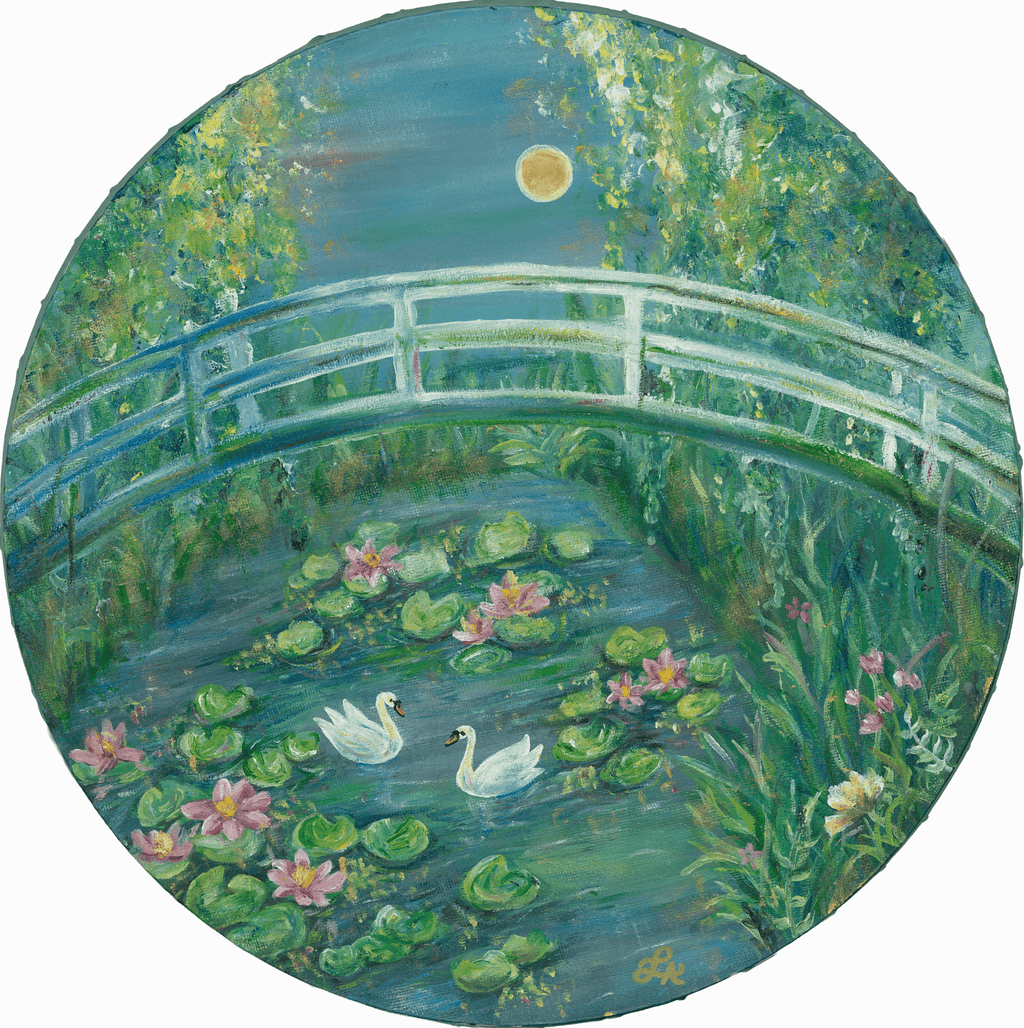 Painting of a bridge over a pond with lilies and swans, inspired by Monet's 'The Japanese Bridge'.