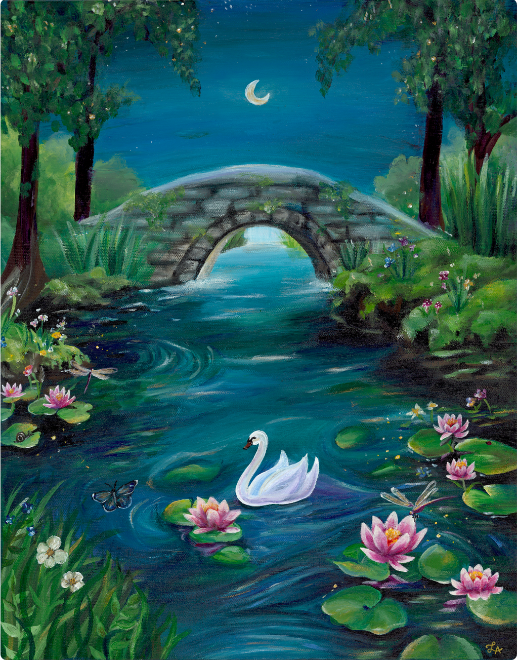 Painting of a swan on a pond with a stone bridge and moonlit sky