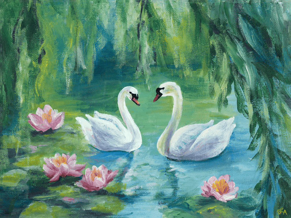 acrylic painting of two swans in a pond with water lilies.