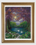 Framed artwork of a moonlit forest scene with swans in a lake.