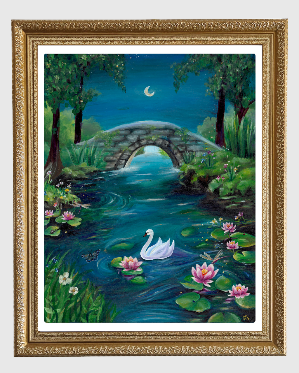 Framed artwork of a swan on a pond with a bridge and moonlit sky.