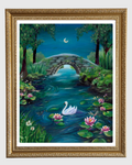 Framed artwork of a swan on a pond with a bridge and moonlit sky.