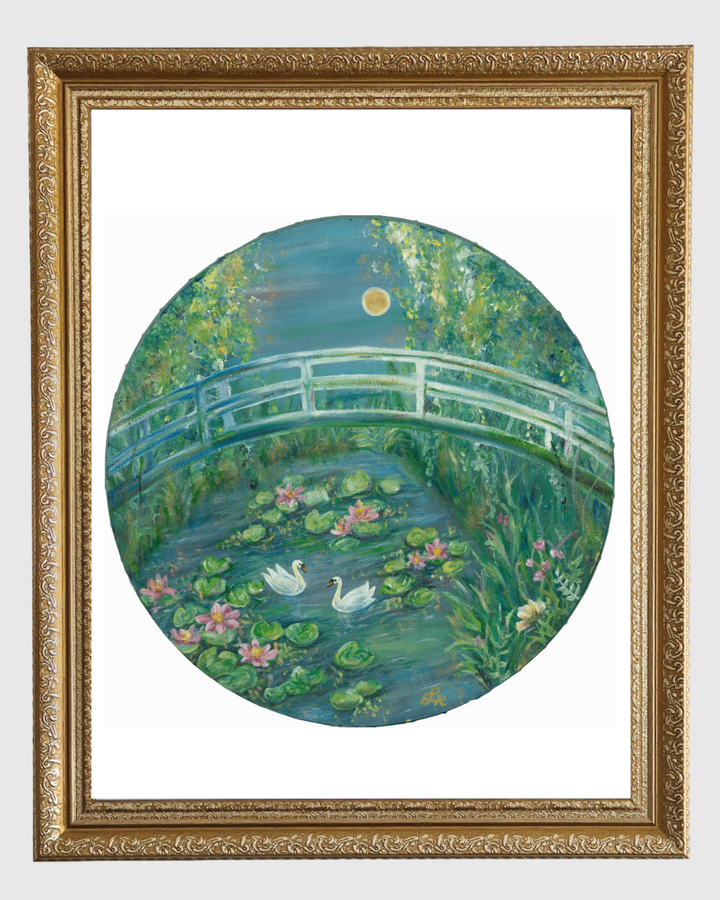 Framed artwork of a bridge over a pond with swans and lily pads.