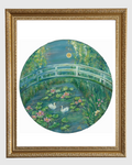 Framed artwork of a bridge over a pond with swans and lily pads.