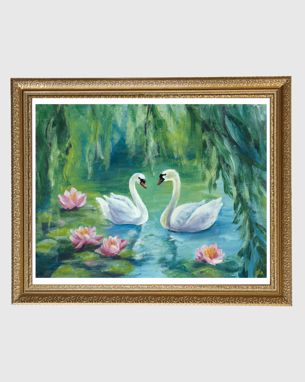Framed painting of two swans on water with lilies and greenery