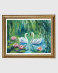Framed painting of two swans on water with lilies and greenery
